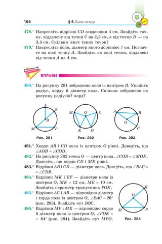 § 4. Коло та круг166
478.°	Накресліть відрізок CD завдовжки 4 см. Знайдіть точ­
ку, віддалену від точки C на 2,5 см, а від точки D — на
3,5 см. Скільки існує таких точок?
479.•
	 Накресліть коло, діаметр якого дорівнює 7 см. Познач-
­те на колі точку A. Знайдіть на колі точки, віддалені
від точки A на 4 см.
ВПРАВИ
480.°	На рисунку 281 зображено коло із центром B. Укажіть
радіус, хорду й діаметр кола. Скільки зображено на
рисунку радіусів? хорд?
M
A
K
B
P
M C
K
O
D
O
A B
C
Рис. 281 Рис. 282 Рис. 283
481.°	Хорди AB і CD кола із центром O рівні. Доведіть, що
∠AOB = ∠COD.
482.°	На рисунку 282 точка O — центр кола, ∠COD = ∠MOK.
Доведіть, що хорди CD і MK рівні.
483.°	Відрізки AB і CD — діаметри кола. Доведіть, що ∠BAC =
= ∠CDB.
484.°	Відрізки MK і EF — діаметри кола із
центром O, MK = 12 см, ME = 10 см.
Знайдіть периметр трикутника FOK.
485.°	Відрізки AC і AB — відповідно діаметр
і хорда кола із центром O, ∠BAC = 26°
(рис. 283). Знайдіть кут BOC.
486.°	Відрізки MP і MK — відповідно хорда
й діаметр кола із центром O, ∠POK =
= 84° (рис. 284). Знайдіть кут MPO.
M
K
O
P
Рис. 284
 
