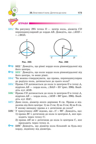20. Властивості кола. Дотична до кола 173
ВПРАВИ
511.°	На рисунку 295 точка O — центр кола, діаметр CD
перпендикулярний до хорди AB. Доведіть, що ∠AOD =
= ∠BOD.
A
O
B
C
D A
O
B
DС
Рис. 295 Рис. 296
	 512.°	Доведіть, що рівні хорди кола рівновіддалені від
його центра.
	 513.°	Доведіть, що коли хорди кола рівновіддалені від
його центра, то вони рівні.
514.°	Чи можна стверджувати, що пряма, перпендикулярна
до радіуса кола, дотикається до цього кола?
515.°	Пряма CD дотикається до кола із центром O в точці A,
відрізок AB — хорда кола, ∠BAD = 35° (рис. 296). Знай­
діть кут AOB.
516.°	Пряма CD дотикається до кола із центром O в точці A,
відрізок AB — хорда кола, ∠AOB = 80° (рис. 296). Знай­
діть кут BAC.
517.°	Дано коло, діаметр якого дорівнює 6 см. Пряма a від-
далена від його центра: 1) на 2 см; 2) на 3 см; 3) на 6 см.
У якому випадку пряма a є дотичною до кола?
518.°	У трикутнику ABC відомо, що ∠C = 90°. Доведіть, що:
1) пряма BC є дотичною до кола із центром A, яке про-
ходить через точку C;
2) пряма AB не є дотичною до кола із центром C, яке
проходить через точку A.
	 519.•
	 Доведіть, що діаметр кола більший за будь-яку
хорду, відмінну від діаметра.
 