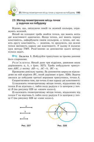 23. Метод геометричних місць точок у задачах на побудову 195
23. Метод геометричних місць точок
у задачах на побудову
Відомо, що, змішуючи синій та жовтий кольори, отри-
мують зелений.
Нехай на площині треба знайти точки, що мають якісь
дві властивості одночасно. Якщо точки, які мають першу
властивість, зафарбувати синім кольором, а точки, які ма-
ють другу властивість, — жовтим, то зрозуміло, що зелені
точки матимуть одразу дві властивості. У цьому й полягає
ідея методу ГМТ. Розв’яжемо за допомогою цього методу
кілька задач.
	 Задача 1. Побудуйте трикутник за трьома даними
його сторонами.
Розв’язання. Нехай дано три відрізки, довжини яких
дорівнюють  a,  b, c  (рис. 327). Треба побудувати трикут-
ник ABC, у якому AB c= , AC b= , BC a= .
Проведемо довільну пряму. За допомогою циркуля відкла-
демо на ній відрізок BC, який дорівнює a (рис. 328). Задача
звелася до побудови третьої вершини трикутника, точки A.
Скористаємося тим, що точка A має одразу дві властивості:
1) належить геометричному місцю точок, віддалених від
точки B на відстань c, тобто колу радіуса с із центром у точ-
ці B (на рисунку 328 це «жовте коло»);
2) належить геометричному місцю точок, віддалених від
точки C на відстань b, тобто колу радіуса b із центром у точ-
ці C (на рисунку 328 це «синє коло»).
b
c
a
A
CB a
bc
Рис. 327 Рис. 328
 
