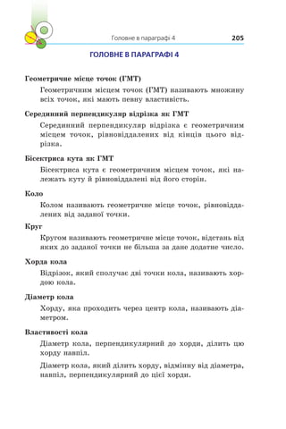 Головне в параграфі 4 205
ГОЛОВНЕ В ПАРАГРАФІ 4
Геометричне місце точок (ГМТ)
Геометричним місцем точок (ГМТ) називають множину
всіх точок, які мають певну властивість.
Серединний перпендикуляр відрізка як ГМТ
Серединний перпендикуляр відрізка є  геометричним
місцем точок, рівновіддалених від кінців цього від-
різка.
Бісектриса кута як ГМТ
Бісектриса кута є геометричним місцем точок, які на-
лежать куту й рівновіддалені від його сторін.
Коло
Колом називають геометричне місце точок, рівновідда-
лених від заданої точки.
Круг
Кругом називають геометричне місце точок, відстань від
яких до заданої точки не більша за дане додатне число.
Хорда кола
Відрізок, який сполучає дві точки кола, називають хор-
дою кола.
Діаметр кола
Хорду, яка проходить через центр кола, називають діа-
метром.
Властивості кола
Діаметр кола, перпендикулярний до хорди, ділить цю
хорду навпіл.
Діаметр кола, який ділить хорду, відмінну від діаметра,
навпіл, перпендикулярний до цієї хорди.
 