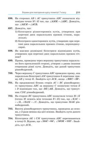 Вправи для повторення курсу геометрії 7 класу 211
696.	 На сторонах AB і AC трикутника ABC позначили від-
повідно точки M і K так, що ‘ ‘AMK ABC. Доведіть,
що ‘ ‘AKM ACB.
697.	 Доведіть, що:
1)	бісектриси різносторонніх кутів, утворених при
перетині двох паралельних прямих січною, пара-
лельні;
2)	бісектриси односторонніх кутів, утворених при пере-
тині двох паралельних прямих січною, перпендику-
лярні.
698.	 Як взаємно розміщені бісектриси відповідних кутів,
утворених при перетині двох паралельних прямих січ-
ною?
699.	 Пряма, проведена через вершину трикутника паралель-
но його протилежній стороні, утворює з двома іншими
сторонами рівні кути. Доведіть, що даний трикутник
рівнобедрений.
700.	 Через вершину C трикутника ABC проведено пряму, яка
паралельна бісектрисі AM трикутника й перетинає пря-
му AB у точці K. Знайдіть кут ACK, якщо ‘ qBKC 28 .
701.	 На продовженні бічних сторін AC і BC рівнобедрено-
го трикутника ABC за вершину C позначено точки E
і D відповідно так, що DE AB . Доведіть, що трикут-
ник CDE рівнобедрений.
702.	 На стороні BC трикутника ABC позначили точки M і K
(точка M лежить між точками B і K) так, що ∠KAC =
= ∠B, ∠BAM = ∠C. Доведіть, що трикутник MAK рів-
нобедрений.
703.	 Висота рівнобедреного трикутника, проведена до осно-
ви, у 2 рази менша від цієї основи. Знайдіть кути даного
трикутника.
704.	 Бісектриси AK і CM трикутника ABC перетинаються
в точці О. Відомо, що ‘ qBAC 64 , ‘ qMOK 132 . Знай­
діть кут ACB.
 