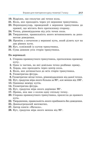 Вправи для повторення курсу геометрії 7 класу 217
19.	Відрізок, що сполучає дві точки кола.
21.	Коло, яке проходить через усі вершини трикутника.
23.	Перпендикуляр, проведений з вершини трикутника до
прямої, що містить його протилежну сторону.
24.	Точка, рівновіддалена від усіх точок кола.
26.	Твердження, правильність якого встановлюють за допо-
могою доведення.
29.	Промінь з початком у вершині кута, який ділить кут на
два рівних кути.
30.	Кут, суміжний із кутом трикутника.
31.	Сума довжин усіх сторін трикутника.
По вертикалі:
 1.	Сторона прямокутного трикутника, проти­лежна прямому
куту.
 2.	Одна із частин, на які довільна точка розбиває пряму.
 3.	Хорда, яка проходить через центр кола.
 4.	Коло, яке дотикається до всіх сторін трикутника.
 6.	Геометрична фігура.
 8. Геометричне місце точок, рівновіддалених від даної точки.
12.	Кут, градусна міра якого більша за 90°, але менша від 180°.
13.	Одиниця виміру кутів.
14.	Геометрична фігура.
15.	Кут, градусна міра якого дорівнює 90°.
17.	Пряма, яка має з колом одну спільну точку.
20.	Сторона прямокутного трикутника, прилегла до прямого
кута.
22.	Твердження, правильність якого приймають без доведення.
25.	Давньогрецький математик.
27.	Автор книги «Начала».
28.	Кут, градусна міра якого менша від 90°.
 
