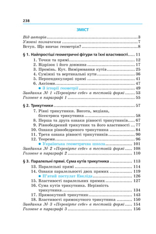 238
ЗМІСТ
Від авторів..................................................................3
Умовні позначення.......................................................7
Вступ. Що вивчає геометрія?.........................................8
§ 1.	Найпростіші геометричні фігури та їхні властивості...... 11
  1.	Точки та прямі................................................ 12
  2.	Відрізок і його довжина................................... 17
  3.	Промінь. Кут. Вимірювання кутів..................... 25
  4.	Суміжні та вертикальні кути............................ 36
  5.	Перпендикулярні прямі................................... 41
  6.	Аксіоми.......................................................... 47
 З історії геометрії......................................... 49
Завдання № 1 «Перевірте себе» в тестовій формі........ 53
Головне в параграфі 1................................................. 55
§ 2.	Трикутники........................................................... 57
  7.	Рівні трикутники. Висота, медіана,
бісектриса трикутника..................................... 58
  8.	Перша та друга ознаки рівності трикутників...... 67
  9.	Рівнобедрений трикутник та його властивості.... 77
10.	Ознаки рівнобедреного трикутника................... 84
11. Третя ознака рівності трикутників.................... 90
12.	Теореми.......................................................... 96
 Українська геометрична школа.................... 101
Завдання № 2 «Перевірте себе» в тестовій формі...... 108
Головне в параграфі 2............................................... 110
§ 3.	Паралельні прямі. Сума кутів трикутника................. 113
13.	Паралельні прямі.......................................... 114
14.	Ознаки паралельності двох прямих................. 119
 П’ятий постулат Евкліда............................. 126
15. Властивості паралельних прямих.................... 127
16.	Сума кутів трикутника. Нерівність
трикутника................................................... 134
17.	Прямокутний трикутник................................ 143
18.	Властивості прямокутного трикутника............ 150
Завдання № 3 «Перевірте себе» в тестовій формі...... 154
Головне в параграфі 3............................................... 156
 