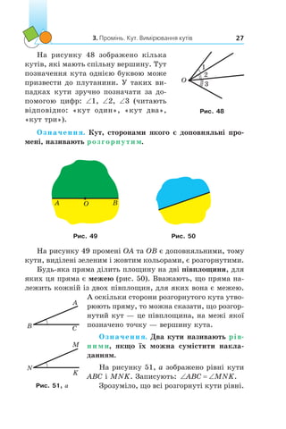 3. Промінь. Кут. Вимірювання кутів 27
На рисунку 48 зображено кілька
кутів, які мають спільну вершину. Тут
позначення кута однією буквою може
призвести до плутанини. У таких ви-
падках кути зручно позначати за до-
помогою цифр: ∠1, ∠2, ∠3 (читають
відповідно: «кут один», «кут два»,
«кут три»).
Означення. Кут, сторонами якого є доповняльні про-
мені, називають розгорнутим.
O BA
Рис. 49 Рис. 50
На рисунку 49 промені OA та OB є доповняльними, тому
кути, виділені зеленим і жовтим кольорами, є розгорнутими.
Будь-яка пряма ділить площину на дві півплощини, для
яких ця пряма є межею (рис. 50). Вважають, що пряма на-
лежить кожній із двох півплощин, для яких вона є межею.
А оскільки сторони розгорнутого кута утво-
рюють пряму, то можна сказати, що розгор-
нутий кут — це півплощина, на межі якої
позначено точку — вершину кута.
Означення. Два кути називають рів-
ними, якщо їх можна сумістити накла­
данням.
На рисунку 51, а зображено рівні кути
ABC і MNK. Записують: ‘ ‘ABC MNK.
Зрозуміло, що всі розгорнуті кути рівні.
A
CB
M
K
N
Рис. 51, a
O
1
3
2
Рис. 48
 