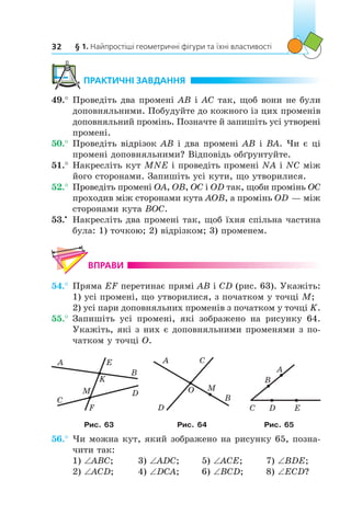 § 1. Найпростіші геометричні фігури та їхні властивості32
	ПРАКТИЧНІ ЗАВДАННЯ
49.°	Проведіть два промені AB і AC так, щоб вони не були
доповняльними. Побудуйте до кожного із цих променів
доповняльний промінь. Позначте й запишіть усі утворені
промені.
50.°	Проведіть відрізок AB і два промені AB і BA. Чи є ці
промені доповняльними? Відповідь обґрунтуйте.
51.°	Накресліть кут MNE і проведіть промені NA і NC між
його сторонами. Запишіть усі кути, що утворилися.
52.°	Проведіть промені OA, OB, OC і OD так, щоби промінь OC
проходив між сторонами кута AOB, а промінь OD — між
сторонами кута BOC.
53.•
	 Накресліть два промені так, щоб їхня спільна частина
була: 1) точкою; 2) відрізком; 3) променем.
ВПРАВИ
54.°	Пряма EF перетинає прямі AB і CD (рис. 63). Укажіть:
1) усі промені, що утворилися, з початком у точці M;
2) усі пари доповняльних променів з початком у точці K.
55.°	Запишіть усі промені, які зображено на рисунку 64.
Укажіть, які з них є доповняльними променями з по-
чатком у точці O.
K
F
D
B
C
A
M
E
O M
B
CA
D
A
B
D EC
Рис. 63 Рис. 64 Рис. 65
56.°	Чи можна кут, який зображено на рисунку 65, позна-
чити так:
1) ∠ABC;	 3) ∠ADC;	 5) ∠ACE;	 7) ∠BDE;
2) ∠ACD;	 4) ∠DCA;	 6) ∠BCD;	 8) ∠ECD?
 