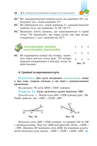 § 1. Найпростіші геометричні фігури та їхні властивості36
82.••
	Як, використовуючи шаблон кута, що дорівнює 13°, по-
будувати кут, який дорівнює 2°?
83.*
	 Як побудувати кут, який дорівнює 1°, використовуючи
шаблон кута, що дорівнює: 1) 19°; 2) 7°?
84.*
	 Проведіть шість прямих, що перетинаються в  одній
точці. Чи правильно, що серед кутів, які при цьому
утворилися, є кут, менший від 31°?
	 СПОСТЕРІГАЙТЕ, РИСУЙТЕ,
КОНСТРУЮЙТЕ, ФАНТАЗУЙТЕ
85.	 Не відриваючи олівця від паперу, прове-
діть через дев’ять точок (рис. 77) чотири
відрізки (повертатися у вихідну точку не
обов’язково).
4. Суміжні та вертикальні кути
Означення. Два кути називають суміжними, якщо
в  них одна сторона спільна, а  дві інші є  доповняльними
променями.
На рисунку 78 кути MOE і EON суміжні.
Теорема 4.1. Сума суміжних кутів дорівнює 180°.
Доведення.  Нехай кути AOC і COB суміжні (рис. 79).
Треба довести, що ‘  ‘ qAOC COB 180 .
E
O NM
C
O B
A
Рис. 78 Рис. 79
Оскільки кути AOC і COB суміжні, то промені OA та OB
є доповняльними. Тоді кут AOB розгорнутий. Отже, ∠AOB =
= 180°. Промінь OC належить куту AOB. За основною власти-
вістю величини кута маємо: ‘  ‘ ‘ qAOC COB AOB 180 . 
Рис. 77
 