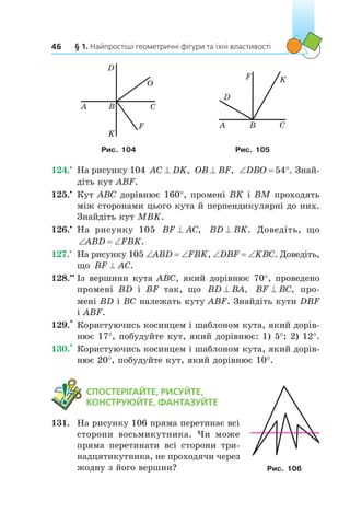 § 1. Найпростіші геометричні фігури та їхні властивості46
K
A B
D
O
C
F A B C
KF
D
Рис. 104 Рис. 105
124.•
	 На рисунку 104 AC DK^ , OB BF^ , ‘ qDBO 54 . Знай­
діть кут ABF.
125.•
	 Кут ABC дорівнює 160°, промені BK і BM проходять
між сторонами цього кута й перпендикулярні до них.
Знайдіть кут MBK.
126.•
	 На рисунку 105 BF AC^ , BD BK^ . Доведіть, що
‘ ‘ABD FBK.
127.•
	 На рисунку 105 ∠ABD = ∠FBK, ∠DBF = ∠KBC. Доведіть,
що BF AC^ .
128.••
	Із вершини кута ABC, який дорівнює 70°, проведено
промені BD і  BF так, що BD BA^ , BF BC^ , про­
мені BD і BC належать куту ABF. Знайдіть кути DBF
і ABF.
129.*
	Користуючись косинцем і шаблоном кута, який дорів-
нює 17°, побудуйте кут, який дорівнює: 1) 5°; 2) 12°.
130.*
	Користуючись косинцем і шаблоном кута, який дорів-
нює 20°, побудуйте кут, який дорівнює 10°.
	 СПОСТЕРІГАЙТЕ, РИСУЙТЕ,
КОНСТРУЮЙТЕ, ФАНТАЗУЙТЕ
131.	 На рисунку 106 пряма перетинає всі
сторони восьмикутника. Чи може
пряма перетинати всі сторони три-
надцятикутника, не проходячи через
жодну з його вершин? Рис. 106
 