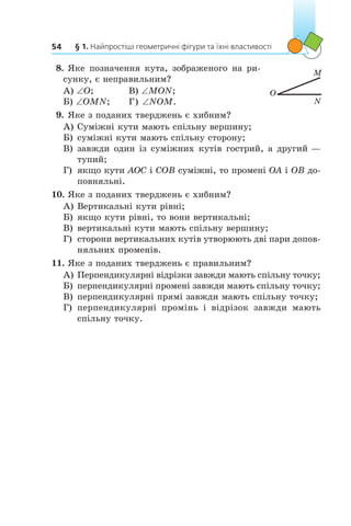 § 1. Найпростіші геометричні фігури та їхні властивості54
 8.	Яке позначення кута, зображеного на ри-
сунку, є неправильним?
А) ∠O;	 В) ∠MON;
Б) ∠OMN; 	 Г) ∠NOM.
 9.	Яке з поданих тверджень є хибним?
А)	Суміжні кути мають спільну вершину;
Б)	суміжні кути мають спільну сторону;
В)	завжди один із суміжних кутів гострий, а другий —
тупий;
Г)	 якщо кути AOC і COB суміжні, то промені OA і OB до-
повняльні.
10.	Яке з поданих тверджень є хибним?
А)	Вертикальні кути рівні;
Б)	якщо кути рівні, то вони вертикальні;
В)	вертикальні кути мають спільну вершину;
Г)	 сторони вертикальних кутів утворюють дві пари допов­
няльних променів.
11.	Яке з поданих тверджень є правильним?
А)	Перпендикулярні відрізки завжди мають спільну точку;
Б)	перпендикулярні промені завжди мають спільну точку;
В)	перпендикулярні прямі завжди мають спільну точку;
Г)	 перпендикулярні промінь і  відрізок завжди мають
спільну точку.
M
O
N
 
