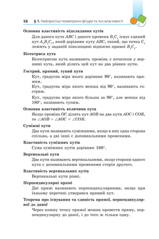 § 1. Найпростіші геометричні фігури та їхні властивості56
Основна властивість відкладання кутів
Для даного кута АВС і даного променя В1
С1
існує єдиний
кут А1
В1
С1
, який дорівнює куту АВС, такий, що точка С1
лежить у заданій півплощині відносно прямої В1
С1
.
Бісектриса кута
Бісектрисою кута називають промінь з початком у вер-
шині кута, який ділить цей кут на два рівних кути.
Гострий, прямий, тупий кути
Кут, градусна міра якого дорівнює 90°, називають пря-
мим.
Кут, градусна міра якого менша від 90°, називають го-
стрим.
Кут, градусна міра якого більша за 90°, але менша від
180°, називають тупим.
Основна властивість величини кута
Якщо промінь OC ділить кут AOB на два кути AOC і COB,
то ∠AOB = ∠AOC + ∠COB.
Суміжні кути
Два кути називають суміжними, якщо в них одна сторона
спільна, а дві інші є доповняльними променями.
Властивість суміжних кутів
Сума суміжних кутів дорівнює 180°.
Вертикальні кути
Два кути називають вертикальними, якщо сторони одного
кута є доповняльними променями сторін другого.
Властивість вертикальних кутів
Вертикальні кути рівні.
Перпендикулярні прямі
Дві прямі називають перпендикулярними, якщо при
їхньому перетині утворився прямий кут.
Теорема про існування та єдиність прямої, перпендикуляр-
ної до даної
Через кожну точку прямої можна провести пряму, пер-
пендикулярну до даної, і до того ж тільки одну.
 