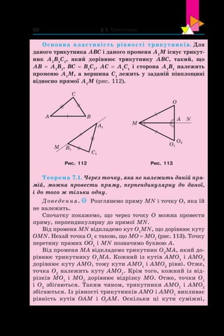 § 2. Трикутники60
Основна властивість рівності трикутників. Для
даного трикутника ABC і даного променя А1
М існує трикут-
ник A1
B1
C1
, який дорівнює трикутнику ABC, такий, що
AB = A1
B1
, BC = B1
C1
, AC = A1
C1
і сторона A1
B1
належить
променю А1
М, а вершина C1
лежить у заданій півплощині
відносно прямої А1
М (рис. 112).
C
BA
C1
B1
A1
М
M
NA
O
O1
O2
Рис. 112 Рис. 113
Теорема 7.1. Через точку, яка не належить даній пря-
мій, можна провести пряму, перпендикулярну до даної,
і до того ж тільки одну.
Доведення. Розглянемо пряму MN і точку O, яка їй
не належить.
Спочатку покажемо, що через точку О можна провести
пряму, перпендикулярну до прямої MN.
Від променя MN відкладемо кут О1
MN, що дорівнює куту
ОMN. Нехай точка О1
є такою, що МО = МО1
(рис. 113). Точку
перетину прямих ОО1
і МN позначимо буквою А.
Від променя МА відкладемо трикутник О2
МА, який до-
рівнює трикутнику О1
МА. Кожний із кутів АМО1
і АМО2
дорівнює куту АМО, тому кути АМО1
і АМО2
рівні. Отже,
точка О2
належить куту АМО1
. Крім того, кожний із від-
різків МО1
і МО2
дорівнює відрізку МО. Отже, точки О1
і О2
збігаються. Таким чином, трикутники АМО1
і АМО2
збігаються. Із рівності трикутників АМО і АМО1
випливає
рівність кутів ОАМ і О1
АМ. Оскільки ці кути суміжні,
 