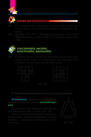 9. Рівнобедрений трикутник та його властивості 77
ВПРАВИ ДЛЯ ПОВТОРЕННЯ
193.	 Чи є правильним твердження: якщо через кожні дві
з трьох даних точок провести пряму, то одержимо три
прямі?
194.	 Промені OD і OF — бісектриси суміжних кутів AOB
і BOC відповідно, ‘ ‘AOD FOC: : .2 7 Знайдіть кути AOD
і FOC.
	 СПОСТЕРІГАЙТЕ, РИСУЙТЕ,
КОНСТРУЮЙТЕ, ФАНТАЗУЙТЕ
195.	 Розділіть кожну з фігур, що зображено на рисунку 152,
уздовж ліній сітки на чотири рівні частини так, щоб
у кожній частині було тільки одне коло.
Рис. 152
9. Рівнобедрений трикутник та його властивості
Означення. Трикутник, у  якого дві
сторони рівні, називають рівнобедре-
ним.
На рисунку 153 зображено рівнобедре-
ний трикутник ABC, у якого AB = ВC.
Рівні сторони рівнобедреного трикутни-
ка називають бічними сторонами, а третю
сторону — основою рівнобедреного три-
кутника.
B
CОснова
Бічнасторона
Бічнасторона
А
Рис. 153
 