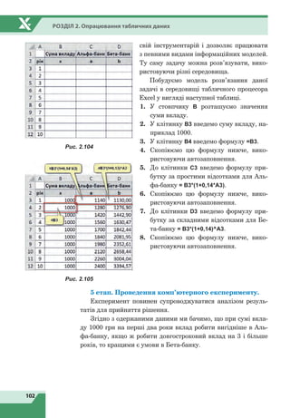 102
Розділ 2. Опрацювання табличних даних
свій інструментарій і дозволяє працювати
з певними видами інформаційних моделей.
Ту саму задачу можна розв’язувати, вико-
ристовуючи різні середовища.
Побудуємо модель розв’язання даної
задачі в середовищі табличного процесора
Excel у вигляді наступної таблиці.
1.	 У стовпчику В розташуємо значення
суми вкладу.
2.	 У клітинку В3 введемо суму вкладу, на-
приклад 1000.
3.	 У клітинку В4 введемо формулу =B3.
4.	 Скопіюємо цю формулу нижче, вико-
ристовуючи автозаповнення.
5.	 До клітинки С3 введемо формулу при-
бутку за простими відсотками для Аль-
фа-банку = B3*(1+0,14*A3).
6.	 Скопіюємо цю формулу нижче, вико-
ристовуючи автозаповнення.
7.	 До клітинки D3 введемо формулу при-
бутку за складними відсотками для Бе-
та-банку = B3*(1+0,14)^A3.
8.	 Скопіюємо цю формулу нижче, вико-
ристовуючи автозаповнення.
5 етап. Проведення комп’ютерного експерименту.
Експеримент повинен супроводжуватися аналізом резуль-
татів для прийняття рішення.
Згідно з одержаними даними ми бачимо, що при сумі вкла-
ду 1000 грн на перші два роки вклад робити вигідніше в Аль-
фа-банку, якщо ж робити довгостроковий вклад на 3 і більше
років, то кращими є умови в Бета-банку.
Рис. 2.104
Рис. 2.105
 