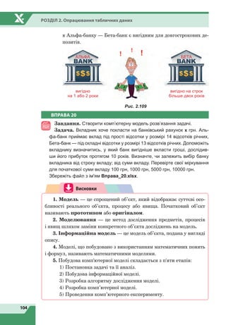 104
Розділ 2. Опрацювання табличних даних
в Альфа-банку — Бета-банк є вигідним для довгострокових де-
позитів.
АЛЬФА БЕТА
вигідно
на 1 або 2 роки
вигідно на строк
більше двох років
Рис. 2.109
ВПРАВА 20
Завдання. Створити комп’ютерну модель розв’язання задачі.
Задача. Вкладник хоче покласти на банківський рахунок х грн. Аль-
фа-банк приймає вклад під прості відсотки у розмірі 14 відсотків річних,
Бета-банк — під складні відсотки у розмірі 13 відсотків річних. Допоможіть
вкладнику визначитись, у який банк вигідніше вкласти гроші, дослідив-
ши його прибуток протягом 10 років. Визначте, чи залежить вибір банку
вкладника від строку вкладу; від суми вкладу. Перевірте свої міркування
для початкової суми вкладу 100 грн, 1000 грн, 5000 грн, 10000 грн.
	
Збережіть файл з ім'ям Вправа_20.xlsx.
Висновки
1. Модель — це спрощений об’єкт, який відображає суттєві осо-
бливості реального об’єкта, процесу або явища. Початковий об’єкт
називають прототипом або оригіналом.
2. Моделювання — це метод дослідження предметів, процесів
і явищ шляхом заміни конкретного об’єкта досліджень на модель.
3. Інформаційна модель — це модель об’єкта, подана у вигляді
опису.
4. Моделі, що побудовано з використанням математичних понять
і формул, називають математичними моделями.
5. Побудова комп'ютерної моделі складається з п'яти етапів:
1) Постановка задачі та її аналіз.
2) Побудова інформаційної моделі.
3) Розробка алгоритму дослідження моделі.
4) Розробка комп’ютерної моделі.
5) Проведення комп’ютерного експерименту.
 