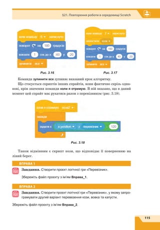 115
§21. Повторення роботи в середовищі Scratch
Команда зупинити все зупиняє вказаний крок алгоритму.
Що стосується скриптів інших спрайтів, вони фактично скрізь одна-
кові, крім значення команди коли я отримую. В ній вказано, що в даний
момент цей спрайт має рухатися разом з перевізником (рис. 3.18).
Також відмінним є скрипт кози, що відповідає її поверненню на
лівий берег.
ВПРАВА 1
Завдання. Створити проєкт логічної гри «Перевізник».
Збережіть файл проєкту з ім’ям Вправа_1.
ВПРАВА 2
Завдання. Створити проєкт логічної гри «Перевізник», у якому запро-
грамувати другий варіант перевезення кози, вовка та капусти.
Збережіть файл проєкту з ім’ям Вправа_2.
Рис. 3.16 Рис. 3.17
Рис. 3.18
 
