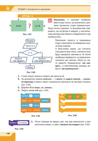 140
Розділ 3. Алгоритми та програми
ВПРАВА 14
Завдання. У програмі необхідно
ввести два числа, що визначають дов-
жини прилеглих сторін прямокутника.
Якщо числа є рівними, то програма має пові-
домити, що ця фігура є квадрат, у протилеж-
ному випадку має вивести повідомлення «Це
прямокутник».
Реалізацію проєкту в середовищі
Скретч виконайте за наведеною ниж-
че блок-схемою.
З блок-скеми видно, що спочатку
слід увести два числа, значення яких
буде присвоєно змінним a і b. Потім
необхідно перевірити, чи дорівнюють
значення цих змінних. Якщо це так,
то вивести повідомлення «Це ква-
драт», в протилежному випадку ви-
вести «Це прямокутник».
1.	 У вікні нового проєкту створіть дві змінні a і b.
2.	 За допомогою команд запитати … і чекати та надати змінній … значен-
ня відповідь створіть скрипт присвоєння змінним a і b числових значень
(рис. 3.93).
3.	 Додайте блок якщо...то...інакше... .
4.	 Уведіть умову a=b (рис. 3.94).
5.	 Після команди то введіть дію, яка має виконатися у разі
виконання умови, а саме, говорити Це квадрат (рис. 3.95).
Початок
Вивести
«Це квадрат»
Вивести
«Це прямокутник»
Кінець
+ –
a = b
Увести a, b
Рис. 3.92
Рис. 3.91
Рис. 3.93 Рис. 3.94
Рис. 3.95
 