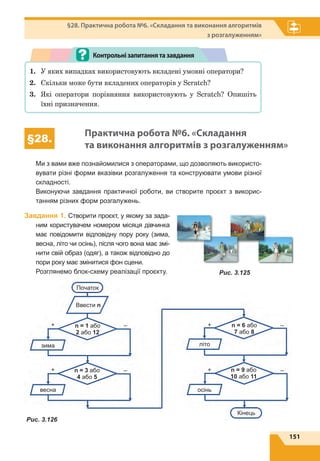 151
§28. Практична робота №6. «Складання та виконання алгоритмів
з розгалуженням»
1.	 У яких випадках використовують вкладені умовні оператори?
2.	 Скільки може бути вкладених операторів у Scratch?
3.	 Які оператори порівняння використовують у Scratch? Опишіть
їхні призначення.
Контрольнізапитаннятазавдання
Рис. 3.125
§28.
Практична робота №6. «Складання
та виконання алгоритмів з розгалуженням»
Ми з вами вже познайомилися з операторами, що дозволяють використо-
вувати різні форми вказівки розгалуження та конструювати умови різної
складності.
Виконуючи завдання практичної роботи, ви створите проєкт з викорис-
танням різних форм розгалужень.
Завдання 1. Створити проєкт, у якому за зада-
ним користувачем номером місяця дівчинка
має повідомити відповідну пору року (зима,
весна, літо чи осінь), після чого вона має змі-
нити свій образ (одяг), а також відповідно до
пори року має змінитися фон сцени.
Розглянемо блок-схему реалізації проєкту.
Початок
весна осінь
зима літо
Кінець
+ +
+ +
– –
– –n = 1 або
2 або 12
n = 6 або
7 або 8
Ввести n
n = 3 або
4 або 5
n = 9 або
10 або 11
Рис. 3.126
 
