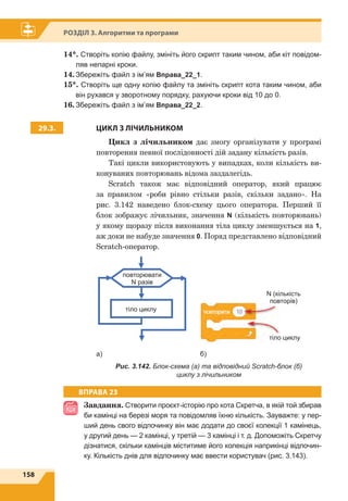 158
Розділ 3. Алгоритми та програми
14*. Створіть копію файлу, змініть його скрипт таким чином, аби кіт повідом-
ляв непарні кроки.
14.	Збережіть файл з ім’ям Вправа_22_1.
15*. Створіть ще одну копію файлу та змініть скрипт кота таким чином, аби
він рухався у зворотному порядку, рахуючи кроки від 10 до 0.
16.	Збережіть файл з ім’ям Вправа_22_2.
29.3. ЦИКЛ З ЛІЧИЛЬНИКОМ
Цикл з лічильником дає змогу організувати у програмі
повторення певної послідовності дій задану кількість разів.
Такі цикли використовують у випадках, коли кількість ви-
конуваних повторювань відома заздалегідь.
Scratch також має відповідний оператор, який працює
за правилом «роби рівно стільки разів, скільки задано». На
рис.  3.142 наведено блок-схему цього оператора. Перший її
блок зображує лічильник, значення N (кількість повторювань)
у якому щоразу після виконання тіла циклу зменшується на 1,
аж доки не набуде значення 0. Поряд представлено відповідний
Scratch-оператор.
тіло циклу
повторювати
N разів
	
тіло циклу
N (кількість
повторів)
а)				 б)
Рис. 3.142. Блок-схема (а) та відповідний Scratch-блок (б)
циклу з лічильником
ВПРАВА 23
Завдання. Створити проєкт-історію про кота Скретча, в якій той збирав
би камінці на березі моря та повідомляв їхню кількість. Зауважте: у пер-
ший день свого відпочинку він має додати до своєї колекції 1 камінець,
у другий день — 2 камінці, у третій — 3 камінці і т. д. Допоможіть Скретчу
дізнатися, скільки камінців міститиме його колекція наприкінці відпочин-
ку. Кількість днів для відпочинку має ввести користувач (рис. 3.143).
 