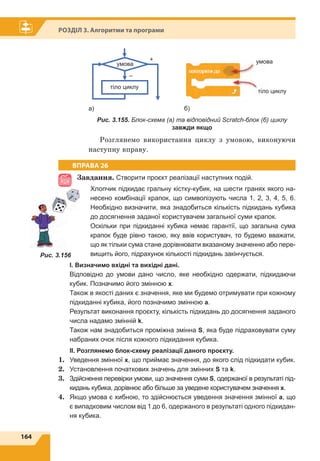 164
Розділ 3. Алгоритми та програми
тіло циклу
умова
+
–
	
тіло циклу
умова
a) 				 б)
Рис. 3.155. Блок-схема (а) та відповідний Scratch-блок (б) циклу
завжди якщо
Розглянемо використання циклу з  умовою, виконуючи
наступну вправу.
ВПРАВА 26
Завдання. Створити проєкт реалізації наступних подій.
Хлопчик підкидає гральну кістку-кубик, на шести гранях якого на-
несено комбінації крапок, що символізують числа 1, 2, 3, 4, 5, 6.
Необхідно визначити, яка знадобиться кількість підкидань кубика
до досягнення заданої користувачем загальної суми крапок.
Оскільки при підкиданні кубика немає гарантії, що загальна сума
крапок буде рівно такою, яку ввів користувач, то будемо вважати,
що як тільки сума стане дорівнювати вказаному значенню або пере-
вищить його, підрахунок кількості підкидань закінчується.
І. Визначимо вхідні та вихідні дані.
Відповідно до умови дано число, яке необхідно одержати, підкидаючи
кубик. Позначимо його змінною x.
Також в якості даних є значення, яке ми будемо отримувати при кожному
підкиданні кубика, його позначимо змінною a.
Результат виконання проєкту, кількість підкидань до досягнення заданого
числа надамо змінній k.
Також нам знадобиться проміжна змінна S, яка буде підраховувати суму
набраних очок після кожного підкидання кубика.
ІІ. Розглянемо блок-схему реалізації даного проєкту.
1.	 Уведення змінної x, що приймає значення, до якого слід підкидати кубик.
2.	 Установлення початкових значень для змінних S та k.
3.	 Здійснення перевірки умови, що значення суми S, одержаної в результаті під-
кидань кубика, дорівнює або більше за уведене користувачем значення x.
4.	 Якщо умова є хибною, то здійснюється уведення значення змінної а, що
є випадковим числом від 1 до 6, одержаного в результаті одного підкидан-
ня кубика.
Рис. 3.156
 