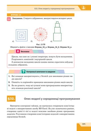 171
§32. Опис моделі у середовищі програмування
ВПРАВА 34
Завдання. Створити зображення, використовуючи вкладені цикли.
а) б) в)
Рис. 3.179
Збережіть файли з іменами Вправа_34_а, Вправа_34_б, Вправа 34_в.
Висновки
Цикли, так само як і умовні оператори, можуть бути вкладеними.
Розрізняють зовнішній і внутрішній цикли.
З допомогою вкладених циклів можна значно спростити побудову
складних зображень.
1.	 Які команди використовують у Scratch для виконання різних ви-
дів циклів?
2.	 Опишіть та порівняйте принципи виконання різних видів циклів.
3.	 Як ви думаєте, чому всі сучасні мови програмування використову-
ють команди реалізації циклів?
Контрольнізапитаннятазавдання
§32. Опис моделі у середовищі програмування
Вивчаючи електронні таблиці, ви навчилися створювати комп’ютер-
ні моделі з використанням засобу MS Excel. Як уже зазначалося раніше,
створення однієї й тієї ж моделі можливе засобами різних програмних
додатків. Розглянемо створення комп’ютерних моделей з використанням
середовища Scratch.
 
