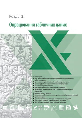 Розділ 2
Опрацюваннятабличнихданих
Ви дізнаєтесь…
„
„ про табличний процесор як програму для опрацювання
табличних даних
„
„ що таке електронні таблиці і яке їхнє призначення
„
„ про інтерфейс програми табличного процесора
„
„ які є об’єкти робочої книги
„
„ про формати даних в електронних таблицях
„
„ як вводити та редагувати дані в середовищі табличного
процесора
„
„ правила запису формул
„
„ як виконати обчислення з використанням вбудованих функцій
„
„ що таке модель
„
„ причини створення та галузі використання моделей
„
„ про форми подання інформаційних моделей
„
„ які є етапи створення комп’ютерних моделей
 