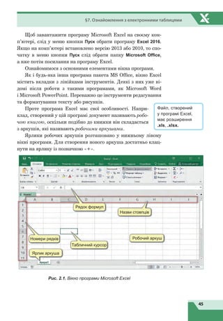 45
§7. Ознайомлення з електронними таблицями
Щоб завантажити програму Microsoft Excel на своєму ком­
п’ютері, слід у меню кнопки Пуск обрати програму Excel 2016.
Якщо на комп’ютері встановлено версію 2013 або 2010, то спо-
чатку в меню кнопки Пуск слід обрати папку Microsoft Office,
а вже потім посилання на програму Excel.
Ознайомимося з основними елементами вікна програми.
Як і будь-яка інша програма пакета MS Office, вікно Excel
містить вкладки з лінійками інструментів. Деякі з них уже ві-
домі після роботи з такими програмами, як Microsoft Word
і Microsoft PowerPoint. Переважно це інструменти редагування
та форматування тексту або рисунків.
Проте програма Excel має свої особливості. Напри-
клад, створений у цій програмі документ називають робо-
чою книгою, оскільки подібно до книжки він складається
з аркушів, які називають робочими аркушами.
Ярлики робочих аркушів розташовано у нижньому лівому
вікні програми. Для створення нового аркуша достатньо клац-
нути на ярлику із позначкою «+».
Рядок формул
Назви стовпців
Номери рядків
Ярлик аркуша
Табличний курсор
Робочий аркуш
Рис. 2.1. Вікно програми Microsoft Excel
Файл, створений
у програмі Excel,
має розширення
.xls, .xlsx.
 