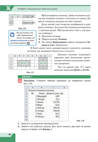 48
Розділ 2. Опрацювання табличних даних
Щоб розширити клітинку, треба встановити кур-
сор між назвами стовпців і потягнути за стрілку або
просто клацнути два рази на межі стовпців.
Дуже довгий текст незручно відображати в один
рядок клітинки. Для цього його бажано розташувати
у декілька рядків. Щоб розмістити текст у два ряд-
ки, необхідно:
1.	 Виділити клітинку.
2.	 Обрати вкладку Основне.
3.	На панелі Вирівнювання обрати інструмент Пе-
ренести текст .
В Excel доволі часто використовують сукупність суміжних
клітинок, яку називають діапазоном клітинок.
Діапазон клітинок позначають
адресами двох діагонально проти-
лежних клітинок, розділених симво-
лом двокрапки.
Так, на аркуші (рис. 2.7) зараз
виділено діапазони В2:D3 та G1:H4.
Рис. 2.6
ВПРАВА 1
Завдання. Створити таблицю відповідно до наведеного зразка
(рис. 2.8).
Рис. 2.8
1.	 Запустіть на виконання програму Excel.
2.	 Замініть ім’я робочого аркуша. Для цього клацніть два рази на ярлику
аркуша та введіть ім’я Вправа_1.
Рис. 2.7
Які ще існують спо-
соби перенесення
тексту по словах, ви
зможете дізнатися в елек-
тронному додатку.
 