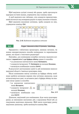 51
§8. Редагування електронних таблиць
Щоб виділити сусідні стовпці або рядки, треба протягнути
курсором по їхніх назвах, утримуючи ліву клавішу миші.
А щоб виділити всю таблицю, слід клацнути прямокутник,
який міститься над номерами рядків та перед назвами стовпців.
Щоб виділити несуміжні клітинки, треба клацати по них,
утримуючи клавішу Ctrl.
Рис. 2.10. Виділення несуміжних клітинок
8.2. РЕДАГУВАННЯ ЕЛЕКТРОННИХ ТАБЛИЦЬ
Працюючи з табличним процесором, виникає питання, чи
можна використовувати способи копіювання та переміщення
даних, які відомі з текстового редактора?
Звичайно, для копіювання потрібно спочатку виділити клі-
тинки і перемістити їх до буфера обміну одним із способів:
•	за допомогою контекстного меню Копіювати;
•	клацнути інструмент Копіювати на вкладці Основне;
•	натиснути комбінацію клавіш Ctrl+С.
В результаті застосування однієї із дій копіювання навколо
виділеної області з’явиться пунктирна лінія.
Після копіювання вмісту клітинок до буфера обміну необ-
хідно зробити активною верхню ліву клітинку діапазону, куди
вставлятимуться дані, та вставити дані з буфера обміну на вка-
зане місце одним із способів:
•	за допомогою контекстного
меню Вставити;
•	клацнути інструмент на
вкладці Основне;
•	натиснути комбінацію кла-
віш Ctrl+V.
Діапазон, виділений для копіювання, буде мати пунктирну
рамку до виконання наступних дій у середовищі Excel або до
скасування виділення діапазону. Щоб зняти пунктирну рамку
виділення діапазону, треба натиснути клавішу Esc.
Рис. 2.11
 