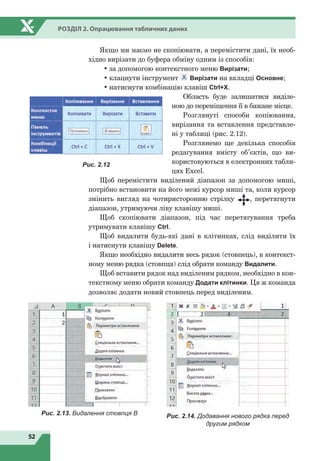 52
РОзділ 2. Опрацювання табличних даних
Якщо ми маємо не скопіювати, а перемістити дані, їх необ­
хідно вирізати до буфера обміну одним із способів:
• за допомогою контекстного меню Вирізати;
• клацнути інструмент Вирізати на вкладці Основне;
• натиснути комбінацію клавіш Ctrl+Х.
Область буде залишатися виділе­
ною до переміщення її в бажане місце.
Розглянуті способи копіювання,
вирізання та вставлення представле­
ні у таблиці (рис. 2.12).
Розглянемо ще декілька способів
редагування вмісту об’єктів, що ви­
користовуються в електронних табли­
цях Excel.
Щоб перемістити виділений діапазон за допомогою миші,
потрібно встановити на його межі курсор миші та, коли курсор
змінить вигляд на чотиристоронню стрілку , перетягнути
діапазон, утримуючи ліву клавішу миші.
Щоб скопіювати діапазон, під час перетягування треба
утримувати клавішу Ctrl.
Щоб видалити будь­які дані в клітинках, слід виділити їх
і натиснути клавішу Delete.
Якщо необхідно видалити весь рядок (стовпець), в контекст­
ному меню рядка (стовпця) слід обрати команду Видалити.
Щоб вставити рядок над виділеним рядком, необхідно в кон­
текстному меню обрати команду Додати клітинки. Ця ж команда
дозволяє додати новий стовпець перед виділеним.
Рис. 2.12
Рис. 2.13. Видалення стовпця В Рис. 2.14. Додавання нового рядка перед
другим рядком
 
