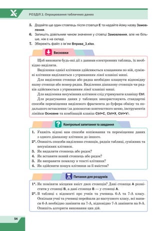 54
Розділ 2. Опрацювання табличних даних
5.	 Додайте ще один стовпець після стовпця Е та надайте йому назву Замов-
лення.
6.	 Запишіть довільним чином значення у стовпці Замовлення, але не біль-
ше, ніж є на складі.
7.	 Збережіть файл з ім’ям Вправа_3.xlsx.
Висновки
Щоб виконати будь-які дії з даними електронних таблиць, їх необ-
хідно виділити.
Виділення однієї клітинки здійснюється клацанням по ній, суміж-
ні клітинки виділяються з утриманням лівої клавіші миші.
Для виділення стовпця або рядка необхідно клацнути відповідну
назву стовпця або номер рядка. Виділення діапазону стовпців чи ряд-
ків здійснюється з утриманням лівої клавіші миші.
Для виділення несуміжних клітинок слід утримувати клавішу Сtrl.
Для редагування даних у таблицях використовують стандартні
способи переміщення виділеного фрагмента до буфера обміну та по-
дальшого вставлення (за допомогою контекстного меню, інструментів
лінійки Основне та комбінацій клавіш Ctrl+C, Ctrl+X, Ctrl+V).
1.	 Укажіть відомі вам способи копіювання та переміщення даних
з одного діапазону клітинок до іншого.
2*.	Опишіть способи виділення стовпців, рядків таблиці, суміжних та
несуміжних клітинок.
3.	 Як видалити стовпець або рядок?
4.	 Як вставити новий стовпець або рядок?
3.	 Як виправити помилку в тексті клітинки?
4.	 Як здійснити пошук клітинки за її вмістом?
Контрольнізапитаннятазавдання
1*.	Як поміняти місцями вміст двох стовпців? Дані стовпця А розмі-
стити у стовпці В, а дані стовпця В — у стовпці А.
2*.	В таблиці є відомості про учнів та учениць 6-А та 7-А класу.
Оскільки учні та учениці перейшли до наступного класу, всі напи-
си 6-А необхідно замінити на 7-А, відповідно 7-А замінити на 8-А.
Опишіть алгоритм виконання цих дій.
Питання для роздумів
 