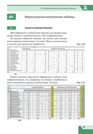 55
§9. Форматування електронних таблиць
§9. Форматування електронних таблиць
9.1. ПОНЯТТЯ ФОРМАТУВАННЯ
Щоб інформація в таблиці була зручною для використання,
можна змінити її зовнішній вигляд, тобто відформатувати.
На рисунку зображено таблицю, що містить дані електро-
нного журналу учнів/учениць 7-А класу. Проте в даному вигля-
ді вона не дуже зручна для сприйняття.
Значно зручніше переглядати інформацію у таблиці, яка є
відформатованою, ось, наприклад, як таблиця з подібними да-
ними електронного журналу учнів/учениць 7-Б класу.
Рис. 2.16
Рис. 2.17
 