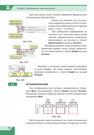 56
Розділ 2. Опрацювання табличних даних
Далі розглянемо різні способи здійснення форматування
в електронних таблицях Excel.
Раніше ми дізналися, що для зруч-
ності сприйняття даних в Excel за умов-
чанням числа вирівнюються по правому
краю, а текст — по лівому.
При необхідності вирівнювання як
числових, так і текстових даних можна
змінити, використовуючи інструменти
вирівнювання, що містяться в області
Вирівнювання на вкладці Основне.
Під форматуванням також розуміють зміну
параметрів шрифту: назву, розмір, накреслен-
ня, які можна змінити в області Шрифт вкладки
Основне.
Звичайно, в клітинках можна змінити колір фону
та колір шрифту. Це можна зробити, застосувавши
відповідні інструменти в області Шрифт на вкладці
Основне.
9.2. ВСТАНОВЛЕННЯ МЕЖ
Для відображення меж клітинок використовують інстру-
мент Межі, розташований в області Шрифт вкладки Основне.
На рисунку показано найбільш уживані способи використання
інструменту Межі.
Рис. 2.21
Цей інструмент надає можливості не тільки встановлення
контурів клітинок, а також налаштування кольору меж та їхніх
Вертикальне
вирівнювання
Горизонтальне
вирівнювання
Рис. 2.18
Колір
клітинки
Колір
шрифту
Рис. 2.20
Назва Розмір
Накреслення
Рис. 2.19
 