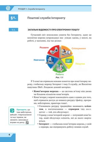 6
Розділ 1. Служби Інтернету
§1. Поштові служби Інтернету
1.1.
З
АГАЛЬНІ ВІДОМОСТІ ПРО ЕЛЕКТРОННУ ПОШТУ
Сучасний світ неможливо уявити без Інтернету, адже ця
всесвітня мережа супроводжує нас усюди: вдома, у школі, на
роботі, у магазині, під час розваг.
Розваги Спілкування
Покупки
Робота
Навчання
Рис. 1.1
У 5 класі ви отримали основне поняття про комп’ютерну ме-
режу, глобальну мережу Інтернет і таку її службу, як Всесвітня
павутина (Веб). Згадаємо деякий матеріал.
•	Комп’ютерна мережа — це система зв’язку між двома
чи більшою кількістю комп’ютерів.
•	Комп’ютери у мережі взаємодіють один з одним для того,
щоб отримати доступ до певного ресурсу (файлу, програ-
ми, вебсторінки, принтера тощо).
•	Споживача ресурсу традиційно називають клієн­
том, а  постачальника — сервером (від англ.
server — той, хто обслуговує).
•	Сервер у комп’ютерній мережі — потужний комп’ю­
тер, який обслуговує клієнтів, які до нього зверта-
ються.
•	Інтернет — глобальна комп’ютерна мережа, у якій
є сервери, що підтримують роботу певних служб.
Пригадати, що
таке вебсторінка,
вебсайт, гіперпосилання
та інші терміни, ви
зможете, виконавши
вправи на диску.
 