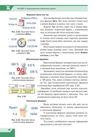 62
Розділ 2. Опрацювання табличних даних
Формати дата та час
Для відображення дати або часу використову-
ють формат Дата. Він може містити тільки дату
в різних формах подання, так і дату з часом.
Формат Час містить лише час в різних фор-
мах подання: скороченій формі, з указуванням
часу до полудня або після полудня тощо.
Зазвичай при введенні даних із розділенням
їх точкою після кожних двох коректно введених
цифр Excel самостійно визначає, що має справу
з датами.
Excel надає широкі можливості встановлення
різних видів подання дати і часу. Бажаний вид
дати можна обрати в діалоговому вікні Формат
клітинок у полі Тип.
Відсотковий формат
Відсотковий формат використовується для ві-
дображення значень у вигляді відсотків (число 1
у клітинці буде визначено, як 100%).
Зауважимо, якщо для значення клітинки буде
встановлено відсотковий формат, то число, відо-
бражене у клітинці, буде автоматично збільшено
у 100 разів. Так, якщо клітинка містила значен-
ня 0,5, при встановленні відсоткового формату
в клітинці буде відображено 50% (рис. 2.32).
Звичайно, коли клітинка вже містить відсотко-
вий формат, то необхідно вводити такі числові дані,
які ми бажаємо представити у відсотках. Так, для
попереднього прикладу це буде число 50.
Текстовий формат
Якщо клітинка містить текст або дані, що не
вимагають обчислень, їх можна представляти
в текс­товому форматі.
У текстовому форматі значення клітинок ін-
терпретуються як текст, навіть коли вони міс-
тять числа.
Так, іноді є необхідність числову інформацію
представити у вигляді текстової.
Рис. 2.29. Приклади даних
у форматі Дата
Рис. 2.30. Приклади даних
у форматі Час
Рис. 2.31. Приклади даних
у відсотковому форматі
Числовий
формат
Відсотковий
формат
Рис. 2.32.
Рис. 2.33. Приклади даних
у текстовому форматі
 