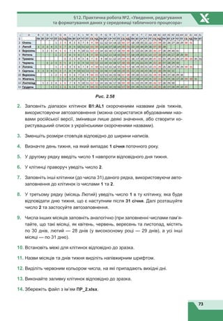 73
§12. Практична робота №2. «Уведення, редагування
та форматування даних у середовищі табличного процесора»
Рис. 2.58
2.	 Заповніть діапазон клітинок B1:АL1 скороченими назвами днів тижнів,
використовуючи автозаповнення (можна скористатися вбудованими наз-
вами російської версії, змінивши лише деякі значення, або створити ко-
ристувацький список з українськими скороченими назвами).
3.	 Зменшіть розміри стовпців відповідно до ширини написів.
4.	 Визначте день тижня, на який випадає 1 січня поточного року.
5.	 У другому рядку введіть число 1 навпроти відповідного дня тижня.
6.	 У клітинці праворуч уведіть число 2.
7.	 Заповніть інші клітинки (до числа 31) даного рядка, використовуючи авто-
заповнення до клітинок із числами 1 та 2.
8.	 У третьому рядку (місяць Лютий) уведіть число 1 в ту клітинку, яка буде
відповідати дню тижня, що є наступним після 31 січня. Далі розташуйте
число 2 та застосуйте автозаповнення.
9.	 Числа інших місяців заповніть аналогічно (при заповненні числами пам’я-
тайте, що такі місяці, як квітень, червень, вересень та листопад, містять
по 30 днів, лютий — 28 днів (у високосному році — 29 днів), а усі інші
місяці — по 31 дню).
10.	Встановіть межі для клітинок відповідно до зразка.
11.	Назви місяців та днів тижня виділіть напівжирним шрифтом.
12.	Виділіть червоним кольором числа, на які припадають вихідні дні.
13.	Виконайте заливку клітинок відповідно до зразка.
14.	Збережіть файл з ім’ям ПР_2.xlsx.
 