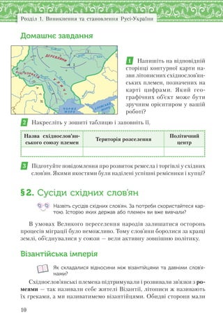 Розділ 1. Виникнення та становлення Русі-України
10
Домашнє завдання
1 Напишіть на відповідній
сторінці контурної карти на-
зви літописних східнослов’ян-
ських племен, позначених на
карті цифрами. Який гео-
графічних об’єкт може бути
зручним орієнтиром у вашій
роботі?
2 Накресліть у зошиті таблицю і заповніть її.
Назва східнослов’ян-
ського союзу племен
Територія розселення
Політичний
центр
3 Підготуйте повідомлення про розвиток ремесла і торгівлі у східних
слов’ян. Якими якостями були наділені успішні ремісники і купці?
§2. Сусіди східних слов’ян
Назвіть сусідів східних слов’ян. За потреби скористайтеся кар-
тою. Історію яких держав або племен ви вже вивчали?
В умовах Великого переселення народів залишатися осторонь
процесів міграції було неможливо. Тому слов’яни боролися за кращі
землі, об’єднувалися у союзи — вели активну зовнішню політику.
Візантійська імперія
Як складалися відносини між візантійцями та давніми слов’я-
нами?
Східнослов’янські племена підтримували і розвивали зв’язки з ро-
меями — так називали себе жителі Візантії, літописи ж називають
їх греками, а ми називатимемо візантійцями. Обидві сторони мали
Á Ë ÕÎÐÂÀÒÈ
ÄÅÐÅÂËßÍÈ
Ó
Ë
È
×
1
2
34
Дон
Прип’ять
Десна
Ч О Р Н Е
М О Р Е
АЗОВСЬКЕ
МОРЕ
Прут
Д
ністер
Д
ніпро
К
А
Р
П
А
Т
И
 