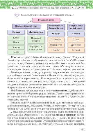 133
§27. Суспільне і церковне життя на теренах України у XІV–XV ст.
Розгляньте схему. Які назви ви зустрічаєте вперше?
Слуги
Данники
Тяглові
Привілейований стан Напівпривіле-
йований стан
Шляхта Духівництво
Міщани Селяни
Церковні
ієрархи
Парафіяльні
священники
Князі
Зем’яни
Бояри
Пани
Патриціат
Бюргерство
Плебс
Непривілейо-
ваний стан
Становий поділ
Шляхта — привілейований панівний стан у Польщі, Угорщині,
Литві, на українських та білоруських землях, що у ХІV–ХVІІІ ст. вхо-
дили до складу Польського королівства та Великого князівства Ли-
товського. Належність до шляхетського стану забезпечувала людині
широкі права і привілеї, що відділяли її від інших верств суспільства.
Верхівку панівного стану утворювала титулована знать — нащадки
князів Рюриковичів і Гедиміновичів. Належати до цього стану можна
було лише за народженням. Повсякденне життя князя — це вирі-
шення політичних питань (як загальнодержавних, так і з місцевою
владою, приміром розв’язання конфліктних ситуацій), збереження
й примноження власних володінь.
Найбільших землевласників називали магнатами. Це були князі
й пани, проти яких боролася рядова шляхта. Урешті-решт протистоян-
ня завершилося зрівнянням прав магнатів і шляхти у Другому Ли-
товському статуті.
Значний політичний і економічний впив мали литовсько-руські ро-
дини: Вишневецькі, Заславські, Корецькі, Острозькі, Четвертинські,
Чорторийські. Деякі з них нерідко чинили рішучий опір вищій владі.
Серед наймогутніших аристократичних родів дослідники виді-
ляють князів Острозьких. Так, князь Костянтин Іванович багато
років був великим гетьманом литовським — одним із двох вищих
військових керівників держави. Сучасники порівнювали його з антич-
ними полководцями, адже Костянтин Острозький провів тридцять
 