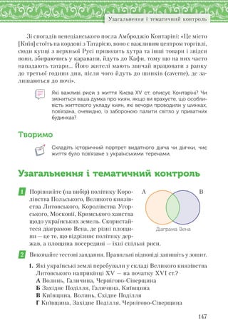 147
Узагальнення і тематичний контроль
Зі спогадів венеціанського посла Амброджіо Контаріні: «Це місто
[Київ] стоїть на кордоні з Татарією, воно є важливим центром торгівлі,
сюди купці з верхньої Русі привозять хутра та інші товари і звідси
вони, збираючись у каравани, йдуть до Кафи, тому що на них часто
нападають татари... Його жителі мають звичай працювати з ранку
до третьої години дня, після чого йдуть до шинків (caverne), де за-
лишаються до ночі».
Які важливі риси з  життя Києва XV  ст. описує Контаріні? Чи
зміниться ваша думка про киян, якщо ви врахуєте, що особли-
вість життєвого укладу киян, які вечори проводили у шинках,
пов’язана, очевидно, із забороною палити світло у приватних
будинках?
Творимо
Складіть історичний портрет видатного діяча чи діячки, чиє
життя було пов'язане з українськими теренами.
Узагальнення і тематичний контроль
1 Порівняйте (на вибір) політику Коро-
лівства Польського, Великого князів-
ства Литовського, Королівства Угор-
ського, Московії, Кримського ханства
щодо українських земель. Скористай-
теся діаграмою Вена, де різні площи-
ни — це те, що відрізняє політику дер-
жав, а площина посередині — їхні спільні риси.
2 Виконайте тестові завдання. Правильні відповіді запишіть у зошит.
1. Які українські землі перебували у складі Великого князівства
Литовського наприкінці ХV — на початку ХVІ ст.?
А Волинь, Галичина, Чернігово-Сіверщина
Б Західне Поділля, Галичина, Київщина
В Київщина, Волинь, Східне Поділля
Г Київщина, Західне Поділля, Чернігово-Сіверщина
А В
Діаграма Вена
 
