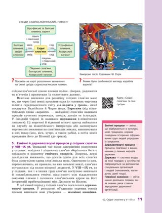 §2. Східні слов’яни у V—IX ст. 11
східнослов’янські союзи племен полян, сіверян, радимичів
та в’ятичів і  примусили їх сплачувати данину.
Важливе значення для розвитку східних слов’ян мало
те, що через їхні землі пролягав один із головних торгових
шляхів середньовічного світу «із варягів у  греки», який
поєднував Балтійське й  Чорне моря. Варягами (від візан-
тійського слова «варанги»  — найманці) слов’яни називали
предків сучасних норвежців, шведів, данців та ісландців.
У  Західній Європі їх називали норманами («північними
людьми»). Ці жорстокі й відважні шукачі пригод наймалися
на службу до візантійського імператора або засновували
торговельні поселення на слов’янських землях, накопичували
в  них товар (мед, віск, хутро, а також рабів), а  потім везли
продавати його до Візантії (до греків).
5.	 Етнічні	й	державотворчі	процеси	у	східних	слов’ян	
у	 VIII—IX	 ст.	 Тривалий час після завершення розселення
у  східних, західних і  південних слов’ян зберігалося багато
спільного в розвитку  етнічних процесів. Зокрема, деякі
дослідники вважають, що досить довго для всіх слов’ян
була зрозумілою єдина слов’янська мова. Одночасно із цим,
переселяючись, як правило, на вже заселені землі, слов’яни
потрапляли під вплив місцевої людності. У VIII—IX ст. як
у  східних, так і  в інших груп слов’ян поступово виникали
й  поглиблювалися етнічні відмінності між віддаленими
союзами племен і  головним слов’янським ядром на його
історичній прабатьківщині між Дніпром та Віслою.
У цей самий період у східних слов’ян посилилися державо­
творчі процеси. У  результаті об’єднання окремих союзів
племен виникали нові утворення  — племінні княжіння.
СУСІДи СхІДНОСлОВ’ЯНСьких ПлеМеН
захід
і  пів-
денний
захід
південь
і  південний
схід
північ
і  північний
захід
схід
і  пів-
нічний
схід
заморські гості. художник М. реріх
? Якими були особливості вигляду кораблів
варягів?
етнічні процеси  — зміни,
що відбуваються в  культурі,
мові, традиціях, нормах
поведінки історично сформо-
ваних груп людей упродовж
їх існування.
державотворчі процеси  —
процеси, пов’язані з  виник-
ненням у  певних народів
держави.
держава  — система влади,
за якої порядок у  суспільстві
підтримується за допомогою
спеціальних організацій
і  людей  (чиновників, нагля-
дачів, армії тощо).
племінні княжіння — об’єд-
нання декількох племен, які
за певних умов ставали
зародками державної
організації.
карта «Східні
слов’яни та їхні
сусіди»
? Покажіть на карті розселення зазначених
на  схемі сусідів східнослов’янських племен.
 
