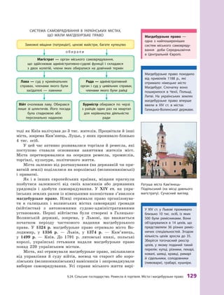 §24. Сільське господарство. ремесла й торгівля. Міста і магдебурзьке право 129
Магдебурзьке право походило
від привілеїв 1188  р., які
отримало німецьке місто
Магдебург. Спочатку воно
поширилося в  чехії, Польщі,
литві. На українських землях
магдебурзьке право вперше
ввели в  XIV  ст. в  містах
Галицько-Волинської держави.
тоді як Київ налічував до 3 тис. жителів. Процвітали й інші
міста, зокрема Кам’янець, Луцьк, у яких проживало близько
4  тис. осіб.
У цей час активно розвивалися торгівля й  ремесла, які
поступово ставали основними заняттями жителів міст.
Міста перетворювалися на осередки ремесла, промислів,
торгівлі, культури, політичного життя.
Міста залежно від розташування (на державній чи при-
ватній землі) поділялися на королівські (великокнязівські)
і  приватні.
Як і  в інших європейських країнах, міщани прагнули
позбутися залежності від своїх власників або державних
урядовців і  здобути самоврядування. У ХІV ст. на укра-
їнських землях разом із німецькими колоністами з’явилося
магдебурзьке право. Німці отримали право організовува-
ти в галицьких і  волинських містах самоврядні громади
(війтівства) з  автономними судово-адміністративними
установами. Перші війтівства були створені в Галицько-
Волинській державі, зокрема, у Львові, що вважається
початком періоду часткового надання магдебурзького
права. У 1324  р. магдебурзьке право отримало місто Во-
лодимир, у  1356 р.  — Львів, у  1374 р. — Кам’янець,
у  1499  р.  — Київ. До 1791  р. литовські князі, польські
королі, українські гетьмани надали магдебурзьке право
понад 220  українським містам.
Міста, які отримували магдебурзьке право, звільнялися
від управління й  суду війтів, воєвод чи старост або коро-
лівських (великокнязівських) намісників і запроваджували
виборне самоврядування. Усі справи міського життя вирі-
СиСтеМа СаМОВрЯДУВаННЯ В  УкраїНСьких МІСтах,
ЩО Мали МаГДеБУрзьке ПраВО
о б и р а л и
У XIV  ст. у  львові проживало
близько 10  тис. осіб, із яких
500  були ремісниками. Вони
об’єднувалися в  14  цехів, що
представляли 36  різних реміс-
ничих спеціальностей. згодом
кількість цехів зросла до 35.
зберігся тогочасний реєстр
цехів, у якому поданий такий
перелік: купці, різники, пекарі,
ковалі, шевці, кравці, римарі
й  сідельники, солодовники
(пивовари), грабарі, кушніри.
ратуша міста кам’янець-
Подільський (на місці давнього
магістрату). Сучасний вигляд
Магдебурзьке право  —
одна з найпоширеніших
систем міського самовряду-
вання доби Середньовіччя
в  центральній Європі.
 