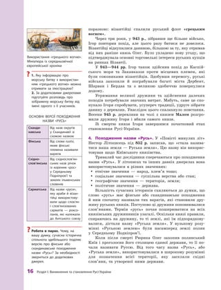 16
 Р
озділ І. Виникнення та становлення
Р
усі-України
поразкою: візантійці спалили руський флот «грецьким
­вогнем».
Через три роки, у  943  р., зібравши ще більше військо,
Ігор повторив похід, але цього разу битися не довелося.
­
Візантійці відкупилися даниною, більшою за ту, яку отримав
від них раніше князь Олег. Було укладено нову угоду, що
підтверджувала основні торговельні інтереси руських купців
на ринках Візантії.
У 943—944  рр. Ігор також здійснив похід до Каспій-
ського моря та Закавказзя проти місцевих племен, які
були союзниками візантійців. Здобувши перемогу, руські
війська захопили й  пограбували багаті міста Дербент,
Шарван і  Бердаа та з  великою здобиччю повернулися
­додому.
Утримання великої дружини та здійснення далеких
походів потребували значних витрат. Мабуть, саме це спо-
нукало Ігоря спробувати, усупереч традиції, удруге зібрати
данину з деревлян. Унаслідок цього спалахнуло повстання.
Восени 945  р. деревляни на чолі з князем Малом розгро-
мили дружину Ігоря і  вбили самого князя.
Зі смертю князя Ігоря завершився початковий етап
становлення Русі-України.
4.	 Походження назви «Русь». У  «Повісті минулих літ»
Нестор Літописець під 852  р. записав, що «стала назива-
тися наша земля — Руська земля». Цю назву він викорис-
товував щодо Київського князівства.
Тривалий час дослідники сперечаються про походження
назви «Русь». У  літописах та інших давніх джерелах вона
використовувалася в  різних значеннях:
y
y етнічне значення  — народ, плем’я тощо;
y
y соціальне значення  — суспільна верства або стан;
y
y географічне значення  — територія, земля;
y
y політичне значення  — держава.
Більшість сучасних істориків схиляються до думки, що
слово «русь» має фінське або скандинавське походження
й  ним спочатку називали тих варягів, які становили дру-
жину руських князів. Поступово ці дружини попов­
нювалися
слов’янами. Термін «русь» почав поширюватися на всіх
князівських дружинників узагалі. Оскільки князі правили,
спираючись на дружину, то ті землі, які їм підпорядкову-
валися, дістали назву «Руська земля». У  вузькому розу-
мінні «Руською землею» були насамперед землі полян
у  Середньому Подніпров’ї.
Коли після смерті Рюрика Олег захопив полянський
Київ і  проголосив його столицею єдиної держави, то її по-
чали називати Руссю. Від того часу назва «Русь», або
«Руська земля», використовувалася в  широкому розумінні
для позначення всієї території, яку заселяли східні
слов’яни, та утвореної ними держави.
Основні версії по
ходження
назви «Русь»
Сканди­
навська
Від назв округів
у  Скандинавії зі
схожою назвою
Фінська Від слова ruotsi,
яким фінські
племена називали
варягів
Східно­
слов’янська
Від східно­слов’ян­
ських назв річок
із коренем «рос»
у  Середньому
Подніпров’ї та
землях ільменських
словенів
Сарматська Від назви «руси»,
яку араби й  візан­
тійці використову-
вали щодо сло­
в’ян
і  сло­в’я­ні­зо­ваних
сарматів  — роксо-
ланів, які належали
до Антського союзу
?
? Р
обота в  парах. Чому, на
вашу думку, сучасна історична
спільнота здебільшого поділяє
версію про фінське або
скандинавське походження
назви «Русь»? За необхідності
зверніться до додаткових
джерел.
Використання «грецького вогню».
Мініатюра із середньовічної
європейської хроніки
?
? 1.  Яку інформацію про
мор­
ську битву з  використан-
ням «грецького вогню» можна
отримати за ілюстрацією? 
2.  За додатковими джерелами
підготуйте розповідь про
зоб­
ражену морську битву від
­
імені одного з  її учасників.
 