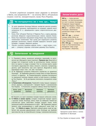 §
 
3.
Р
усь-Україна за перших князів
 
17
Сучасні українські історики щодо держави із центром
у Києві, яка наприкінці IX — на початку XII ст. об’єднувала
східних слов’ян, використовують назву Русь-Україна.
Чи погоджуєтесь ви з тим, що... Чому?
y
y За часів правління Аскольда Київське князівство досягло розквіту
й  світового визнання, перетворилося на осередок, навколо якого
наприкінці IX  ст. сформувалася єдина схід­
но­
сло­
в’ян­
ська дер-
жавність.
y
y Князь Олег об’єднав Північну й Південну Русь у єдину державу,
розпочав збирання східнослов’янських земель навколо Києва.
y
y Князь Ігор намагався зміцнювати владу Києва над слов’янськими
племінними княжіннями. При цьому для подальшого розвитку
держави нагальною ставала потреба вирішити питання щодо
розмірів і  порядку збирання данини.
y
y «Руссю» спочатку називали варягів, потім — землі полян, а зго-
дом  — утворену східними слов’янами державу Русь-Україну.
Запитання та завдання
Œ
Œ 1.  Перевірте рівень засвоєння матеріалу параграфа за допо-
могою гри «Відгадайте героя (героїню)». Правила гри. Ведучий(-а)
загадує ім’я історичної особи за розглянутою темою, записує
його на картці та кладе в конверт. Учні та учениці мають право
поставити ведучому(-ій) певну кількість запитань (наприклад,
десять), щоб визначити, про кого йдеться. Ведучий(-а) може
відповідати лише «так», «ні» або «частково».
Ž
Ž 2. Як відбувався розвиток Київського князівства за правління
Аскольда? 3. Порівняйте діяльність князів Олега та Ігоря. Визначте
спільне та відмінне. 4.  Охарактеризуйте напрями внут­
рішньої
та зовнішньої політики перших князів та їхній внесок у  розбудо-
ву Русі-України. 5. Як дослідники пояснюють походження назви
«Русь»?

 6. Колективне обговорення. Порівняйте появу перших середньо-
вічних держав у  Центральній і  Західній Європі з  виникненням
Русі-України. 7. Р
озпочніть складання таблиці «Князі Русі-України».
Князь, роки
правління
Внутрішня
політика
Зовнішня
політика
Значення
діяльності
	 8. Покажіть на карті напрямки походів перших київських князів.

 9.  Р
обота в  малих групах. Складіть історичний портрет одного
з  руських князів: Аскольда, Олега, Ігоря (за вибором). Кожен(-на)
учасник(-ця) групи самостійно складає портрет князя, потім
­
результати роботи обговорюються в групі.  10. Порівняйте людські
цінності, яких дотримувалися у  своїй діяльності князі Олег та
Ігор.  11. Р
обота в парах. Підготуйте уявний діалог, який міг від-
бутися між руським дружинником князя Аскольда, що прийняв
християнство під час візантійського походу, і киянином-язичником. Прощання князя Олега з  конем.
Х
удожник В. Васнецов
860  р.  — похід руських
дружин на Константинополь
на чолі із князем Аскольдом.
Укладення першої відомої
угоди Русі-України з  Візан­
тією.
882  р.  — загибель князя
Аскольда. Захоплення
князівської влади в  Києві
Олегом.
907, 911 рр. — успішні
походи князя Олега на
Константинополь. Укладення
угод із  Візантією.
941, 943 рр. — походи князя
Ігоря на Константинополь.
Укладення нової угоди
Русі-України з  Ві­зантією.
Запам’ятайте дати
 