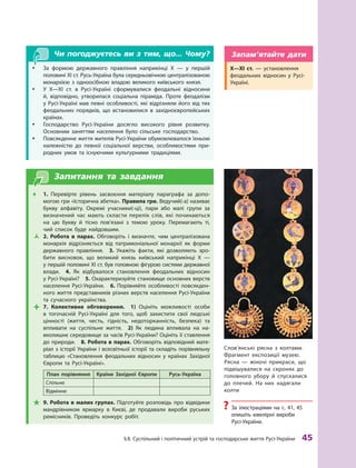 §
 
8. Суспільний і політичний устрій та господарське життя
Р
усі-України
 
45
Чи погоджуєтесь ви з тим, що... Чому?
y
y За формою державного правління наприкінці X  — у  першій
половині XI ст. Русь-Україна була середньовічною централізованою
монархією з  одноосібною владою великого київського князя.
y
y У X—XI  ст. в Русі-Україні сформувалися феодальні відносини
й,  відповідно, утворилася соціальна піраміда. Проте феодалізм
у Русі-Україні мав певні особливості, які відрізняли його від тих
феодальних порядків, що встановилися в  західноєвропейських
країнах.
y
y Господарство Русі-України досягло високого рівня розвитку.
Основним заняттям населення було сільське господарство.
y
y Повсякденне життя жителів Русі-України обумовлювалося їхньою
належністю до певної соціальної верстви, особливостями при-
родних умов та існуючими культурними традиціями.
Запитання та завдання
Œ
Œ 1.  Перевірте рівень засвоєння матеріалу параграфа за допо-
могою гри «Історична абетка». Правила гри. Ведучий(-а) називає
букву алфавіту. Окремі учасники(-ці), пари або малі групи за
визначений час мають скласти перелік слів, які починаються
на цю букву й  тісно пов’язані з  темою уроку. Перемагають ті,
чий список буде найдовшим.
Ž
Ž 2.  Р
обота в  парах. Обговоріть і  визначте, чим централізована
монархія відрізняється від патримоніальної монархії як форми
державного правління. 3.  Укажіть факти, які дозволяють зро-
бити висновок, що великий князь київський наприкінці X  —
у першій половині XI ст. був головною фігурою системи державної
влади. 4.  Як відбувалося становлення феодальних відносин
у Русі-Україні? 5. Охарактеризуйте становище основних верств
населення Русі-України. 6.  Порівняйте особливості повсякден-
ного життя представників різних верств населення Русі-України
та сучасного українства.

 7.  Колективне обговорення.  1)  Оцініть можливості особи
в  тогочасній Русі-Україні для того, щоб захистити свої людські
цінно­
сті (життя, честь, гідність, недоторканність, безпека) та
впливати на суспільне життя. 2)  Як людина впливала на на-
вколишнє середовище за часів Русі-України? Оцініть її ставлення
до природи.  8. Р
обота в парах. Обговоріть відповідний мате-
ріал з історії України і всесвітньої історії та складіть порівняльну
таблицю «Становлення феодальних відносин у  країнах Західної
Європи та Русі-Україні».
План порівняння Країни Західної Європи Русь-Україна
Спільне
Відмінне

 9. Р
обота в малих групах. Підготуйте розповідь про відвідини
мандрівником ярмарку в  Києві, де продавали вироби руських
ремісників. Проведіть конкурс робіт.
Слов’янські рясна з колтами.
Фрагмент експозиції музею.
Рясна — жіночі прикраси, що
підвішувалися на скронях до
головного убору й спускалися
до плечей. На них надягали
колти
?
? За ілюстраціями на с. 41, 45
опишіть ювелірні вироби
Русі-України.
X—XI ст.  — установлення
фео­
дальних відносин у  Русі-
Україні.
Запам’ятайте дати
 