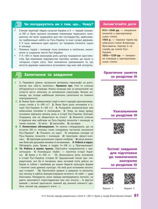 §
 
14.
К
очові народи українських степів
Х
—
Х
III ст.
К
рим у складі Візантійської імперії
 
81
Чи погоджуєтесь ви з тим, що... Чому?
y
y Степові території півдня сучасної України в  X  — першій полови-
ні
Х
III  ст. були заселені кочовими племенами тюркського похо-
дження, які вели традиційне для них господарство, здійснюва-
ли грабіжницькі набіги на
Р
усь-Україну та інші сусідні держави.
У  ті часи, змінюючи одне одного, тут панували печеніги, торки
й  половці.
y
y Племена торків і  половців тісно вплелися в  політичне, еконо-
мічне й соціальне життя
Р
усі-України.
y
y У X—
Х
III ст.
К
рим виконував роль центру поширення християн-
ства, був важливим перехрестям торгових шляхів, що йшли із
чотирьох сторін світу.
Т
аке положення зумовлювало те, що
могутні держави намагалися встановити над ним свій контроль.
Запитання та завдання
Œ
Œ 1.  Перевірте рівень засвоєння матеріалу параграфа за допо-
могою гри «Шість запитань».
П
равила гри. Учні та учениці
об’єднуються в команди.
К
ожна команда має за визначений час
скласти шість запитань за матеріалом параграфа. Виграє ко-
манда, що складе найбільше запитань (запитання не повинні
по
­
вторюватися).
Ž
Ž 2. Якими були найважливіші події в житті народів причорномор-
ських степів у X—XIII ст.?
 
3.  Якою була роль кочовиків в  іс-
торії
Р
усі-України X—XIII ст.?
 
4. 
Р
озкрийте взаємозв’язок між
київськими князями й половцями.
 
5. 
Ч
ому, на вашу думку,
кочовики відіграли велику роль в історії
Р
усі-України, Болгарії,
Угорщини, але не збереглися як етнос?
 
6.  Визначте спільне
й  відмінне між набігами на
Р
усь-Україну печенігів і половців за
таким планом:
 
1)  ме
­
та;
 
2)  мас
­
штаби;
 
3)  наслідки.

 7.  Колективне обговорення.
Ч
и можна стверджувати, що на
початок
Х
III  ст. половці стали складовою частиною населення
Р
усі-України?
 
8.  Покажіть на карті:
 
1)  напрямки походів на
Р
усь-Україну печенігів і  половців;
 
2)  територію «Дешт-і-кип
­
чак»;
 
3) територію розселення чорних клобуків;
 
4) місця визнач
­
них битв між руськими князями й кочовиками.
 
9. 
Р
обота в парах.
Обговоріть роль
К
риму в  подіях X—XIII  ст. у  Причорномор’ї.

 10. 
Р
обота в  малих групах. Підготуйте повідомлення з  пре-
зентацією:
 
1)  Половецькі «баби»  — пам’ятки історії Украї-
ни;
 
2) 
К
рим у  X—XIII  ст.
 
11.  Визначаючи роль кочовиків
в 
­
історії
Р
усі-України, історик М. Грушевський писав про «пе
­
редатчиків, хоч би й  пасивних, яких кочовий потік дійсно за-
бирав із  собою і  прибивав до наших берегів культурні форми
і технічні сили далеких культур». На якій ролі кочовиків наголо-
шує історик?
 
12.  Прочитайте уривок із джерела та визначте,
яку тактику в набігах використовували печеніги: «
Ї
х набіг — удар
блискавки. Нападаючи, вони завжди випере
­
джають поголос, не
дають можливості переслідувачам про них почути…
Ї
х відступ
важкий і  легкий одночасно: важкий від великої кількості здо-
бичі, легкий від швидкості втечі…».
915—1036  рр.  — панування
печенігів у  причорномор-
ських степах.
1055  р.  — поразка торків від
київського князя Всеволода
Ярославича, перехід їх на
службу до князів
Р
усі-
­
України.
1055—1239  рр.  — пануван-
ня половців у  причорномор-
ських степах.
Запам’ятайте дати
Узагальнення	
за розділом
 
ІІІ
Практичне заняття
за розділом
 
ІІІ
Тестові завдання	
для підготовки
до тематичного
контролю	
за розділом
 
ІІІ
Варіант 1 Варіант 2
 