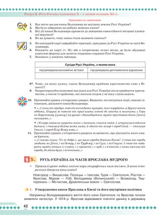 Розділ ІІ. Русь-Україна наприкінці Х – у першій половині ХІ ст.
42
Завдання та запитання
1.	 Яке місто заклав князь Володимир на західних землях Русі-України?
2.	 Що було зображено на срібних монетах князя?
3.	 Які дії князя Володимира призвели до знищення самостійності місцевої племін-
ної верхівки?
4.	 Як ви думаєте, чому князя стали називати святим?
5.	 На контурній карті зафарбуйте території, приєднані до Русі-України за часів Во-
лодимира.
6.	 Покажіть на карті (с. 36) або в історичному атласі місця, де були збудовані
укріплені фортеці для захисту південних кордонів Русі-України.
7.	 Заповніть у зошитах таблицю.
Сусіди Русі-України, з якими вона
підтримувала економічні зв’язки підтримувала дипломатичні відносини
8*.	Чому, на вашу думку, князь Володимир прийняв християнство саме з Ві-
зантії?
9.	 Охарактеризуйте позитивні наслідки для Русі-України після прийняття христи-
янства, а також ті проблеми, які постали згодом у зв’язку з цією подією.
10.	 Прочитайте уривки з історичних джерел. Визначте, чи стосуються події, описані лі-
тописцем, діяльності князя Володимира.
	
• «...І коли він прибув, повелів поскидати кумирів, тих порубати, а других вогню
оддати. Перуна ж повелів він прив’язати коневі до хвоста й волочити з Гори
по Боричевому [узвозу] на ручай і дванадцятьох мужів приставив бити [його]
палицями...»
	
• «Хозари вийшли супроти нього з каганом, князем своїм. І зступилися війська
битися, і сталася битва межи ними, й одолів він хозар і город їхній — столицю
Ітиль, і город Білу Вежу взяв...»
11.	 Прочитайте уривок з історичного джерела та визначте, про діяльність якого кня-
зя йдеться.
	
«...І сказав князь: “Се не добре є, що мало городів довкола Києва”. І став він городи
зводити по Десні, і по Остру, і по Трубежу, і по Сулі, і по Стугні. І став він наби-
рати мужів ліпших із словен, і з кривичів, і з чуді, і з в’ятичів, і ними населив він
городи, бо війна була з печенігами...»
§ 5.
	
Русь-Україна
за
часів
Ярослава
мудрого
•	 Проаналізуйте подані логічні пари географічних назв та імен. З якого істо-
ричного джерела вони взяті?
Новгород — Вишеслав, Полоцьк — Ізяслав, Турів — Святополк, Ростов —
Ярослав, Муром — Гліб, Володимир (Волинський) — Всеволод, Тму-
торокань — Мстислав, Древлянська земля — Святослав.
1.	 Утвердження князя Ярослава в Києві та його внутрішня політика
Наприкінці Володимирового життя його сини Святополк та Ярослав почали
виявляти непослух. У 1014 р. Ярослав відмовився платити данину в державну
 