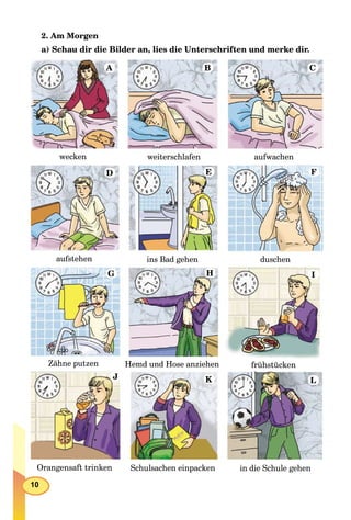 10
2. Am Morgen
a) Schau dir die Bilder an, lies die Unterschriften und merke dir.
A B C
D E F
G H I
J K L
wecken weiterschlafen aufwachen
aufstehen ins Bad gehen duschen
Zähne putzen Hemd und Hose anziehen frühstücken
Orangensaft trinken Schulsachen einpacken in die Schule gehen
 