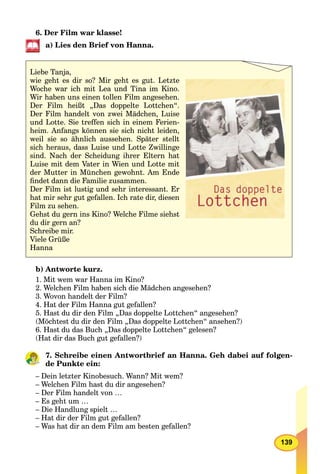 139
6. Der Film war klasse!
a) Lies den Brief von Hanna.
Liebe Tanja,
wie geht es dir so? Mir geht es gut. Letzte
Woche war ich mit Lea und Tina im Kino.
Wir haben uns einen tollen Film angesehen.
Der Film heißt „Das doppelte Lottchen“.
Der Film handelt von zwei Mädchen, Luise
und Lotte. Sie treffen sich in einem Ferien-
heim. Anfangs können sie sich nicht leiden,
weil sie so ähnlich aussehen. Später stellt
sich heraus, dass Luise und Lotte Zwillinge
sind. Nach der Scheidung ihrer Eltern hat
Luise mit dem Vater in Wien und Lotte mit
der Mutter in München gewohnt. Am Ende
ﬁndet dann die Familie zusammen.
Der Film ist lustig und sehr interessant. Er
hat mir sehr gut gefallen. Ich rate dir, diesen
Film zu sehen.
Gehst du gern ins Kino? Welche Filme siehst
du dir gern an?
Schreibe mir.
Viele Grüße
Hanna
b) Antworte kurz.
1. Mit wem war Hanna im Kino?
2. Welchen Film haben sich die Mädchen angesehen?
3. Wovon handelt der Film?
4. Hat der Film Hanna gut gefallen?
5. Hast du dir den Film „Das doppelte Lottchen“ angesehen?
(Möchtest du dir den Film „Das doppelte Lottchen“ ansehen?)
6. Hast du das Buch „Das doppelte Lottchen“ gelesen?
(Hat dir das Buch gut gefallen?)
7. Schreibe einen Antwortbrief an Hanna. Geh dabei auf folgen-
de Punkte ein:
– Dein letzter Kinobesuch. Wann? Mit wem?
– Welchen Film hast du dir angesehen?
– Der Film handelt von …
– Es geht um …
– Die Handlung spielt …
– Hat dir der Film gut gefallen?
– Was hat dir an dem Film am besten gefallen?
 