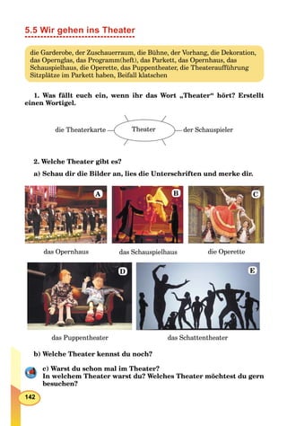 142
5.5 Wir gehen ins Theater
die Garderobe, der Zuschauerraum, die Bühne, der Vorhang, die Dekoration,
das Opernglas, das Programm(heft), das Parkett, das Opernhaus, das
Schauspielhaus, die Operette, das Puppentheater, die Theateraufführung
Sitzplätze im Parkett haben, Beifall klatschen
1. Was fällt euch ein, wenn ihr das Wort „Theater“ hört? Erstellt
einen Wortigel.
Theaterdie Theaterkarte der Schauspieler
2. Welche Theater gibt es?
a) Schau dir die Bilder an, lies die Unterschriften und merke dir.
das Opernhaus
das Schattentheaterdas Puppentheater
das Schauspielhaus die Operette
A B C
D E
b) Welche Theater kennst du noch?
c) Warst du schon mal im Theater?
In welchem Theater warst du? Welches Theater möchtest du gern
besuchen?
 