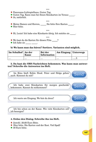 147
***
Panorama-Lichtspielhaus. Guten Tag.
Guten Tag. Kann man bei Ihnen Kinokarten im Voraus _____.
Ja, natürlich.
***
Meine Damen und Herren, _____ Sie bitte Ihre Karten _____.
Hier bitte.
***
Hi, Leute! Ich habe eine Kinokarte übrig. Ich möchte sie _____.
***
Wo hast du die Karten für diesen Film _____?
Ich habe sie _____ _____.
b) Wo kann man das hören? Sortiere. Varianten sind möglich.
Im Schulhof An der
Kasse
Bei der
Information
Am Eingang Unterwegs
… … … … …, 5
3. Du hast die SMS-Nachrichten bekommen. Was kann man antwor-
ten? Schreibe die Antworten ins Heft.
Im Kino läuft Robin Hood. Peter und Helga gehen
auch. Kommst du mit?
Ich habe zwei Kinokarten für morgen geschenkt
bekommen. Kannst du mitkommen?
Ich warte am Eingang. Wo bist du denn?
Ich bin schon an der Kasse. Wie viele Kinokarten soll
ich besorgen?
4. Ordne den Dialog. Schreibe ihn ins Heft.
Jawohl. 20,60 Euro Bitte.
Hier bitte. Die Karten und der Rest. Viel Spaß!
30 Euro bitte.
 