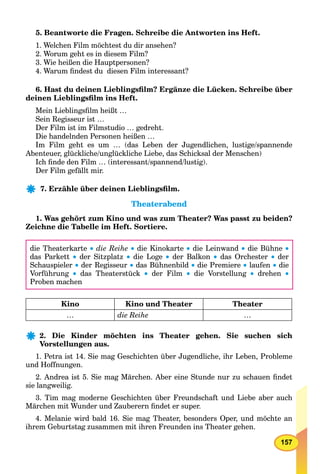 157
5. Beantworte die Fragen. Schreibe die Antworten ins Heft.
1. Welchen Film möchtest du dir ansehen?
2. Worum geht es in diesem Film?
3. Wie heißen die Hauptpersonen?
4. Warum ﬁndest du diesen Film interessant?
6. Hast du deinen Lieblingsﬁlm? Ergänze die Lücken. Schreibe über
deinen Lieblingsﬁlm ins Heft.
Mein Lieblingsﬁlm heißt …
Sein Regisseur ist …
Der Film ist im Filmstudio … gedreht.
Die handelnden Personen heißen …
Im Film geht es um … (das Leben der Jugendlichen, lustige/spannende
Abenteuer, glückliche/unglückliche Liebe, das Schicksal der Menschen)
Ich ﬁnde den Film … (interessant/spannend/lustig).
Der Film gefällt mir.ff
7. Erzähle über deinen Lieblingsﬁlm.
TheaterabendTheaterabend
1. Was gehört zum Kino und was zum Theater? Was passt zu beiden?
Zeichne die Tabelle im Heft. Sortiere.
die Theaterkarte  die Reihe  die Kinokarte  die Leinwand  die Bühne 
das Parkett  der Sitzplatz  die Loge  der Balkon  das Orchester  der
Schauspieler  der Regisseur  das Bühnenbild  die Premiere  laufen die
Vorführung  das Theaterstück  der Film  die Vorstellung  drehen 
Proben machen
Kino Kino und Theater Theater
… die Reihe …
2. Die Kinder möchten ins Theater gehen. Sie suchen sich
Vorstellungen aus.
1. Petra ist 14. Sie mag Geschichten über Jugendliche, ihr Leben, Probleme
und Hoffnungen.
2. Andrea ist 5. Sie mag Märchen. Aber eine Stunde nur zu schauen ﬁndet
sie langweilig.
3. Tim mag moderne Geschichten über Freundschaft und Liebe aber auch
Märchen mit Wunder und Zauberern ﬁndet er super.
4. Melanie wird bald 16. Sie mag Theater, besonders Oper, und möchte an
ihrem Geburtstag zusammen mit ihren Freunden ins Theater gehen.
 