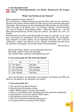165
5. Für Sprachfreunde
Lies die Namensgeschichte von Berlin. Beantworte die Fragen
unten.
Woher hat Berlin seinen Namen?
Woher stammt der Name „Berlin“?
Wie viele Namen in Ostdeutschland kommt das Wort nicht aus der deutschen
Sprache. Die meisten Namen östlich der Elbe sind aus den slawischen Sprachen
entstanden. Berlin kommt aus dem altpolabischen Bereich bzw. aus dem Polabi-
schen. Dort gibt es die Wurzel „ber“, das bedeutet „Sumpf“. Und die Endung
„in“, die wir häuﬁg in dieser Region ﬁnden – Schwerin, Stettin etc. – ist eine
Wohnstättenbezeichnung. Berlin heißt also einfach „die Stadt am“ oder „im
Sumpf“.
Interessanterweise haben viele Hauptstädte Europas mit „Sumpf“ zu tun. Lon-
don z. B. kommt von „Londinium“ und verweist auch auf den „Ort am Sumpf“.
Und „Brüssel“ ist nichts anderes als ein badisches Bruchsal. „Sal“ steht für
„Wohnung“, „Bleibe“ und „Bruch“ ist der „Sumpf“. So könnte man über Paris
bis nach Rom weitergehen. Sie werden immer im Sumpf landen.
Konrad Kunze
Kommt der Name „Berlin“ aus der deutschen Sprache?
Was heißt „Berlin“? Suche die Textstelle.
Von welchem Wort stammen viele Städtenamen ab?
6. Lies und merke dir. Wie heißt die Regel?
m n
N der Name das Herz
G des Namens des Herzens
D dem Namen dem Herzen
A den Namen das Herz
Auch: der Friede(n), der Buchstabe, der Gedanke, der Glaube, der Wille, der
Same(n), der Haufe(n), der Schade(n), der Funke)
7. Lies und merke dir.
1. Wie schreibt man deinen Namen?
2. Schreibt jeden Buchstaben richtig.
3. Dieser Mädchenname ist heute sehr populär.
4. Gibt es in eure Klasse einen Vornamen, der sich mehrmals wiederholt?
5. Jeder Sportler muss einen starken Willen haben.
6. Alle Menschen sind für den Frieden.
7. Wie bist du auf diesen Gedanken gekommen?
8. Vom ganzen Herzen wünsche ich dir Erfolg.
 